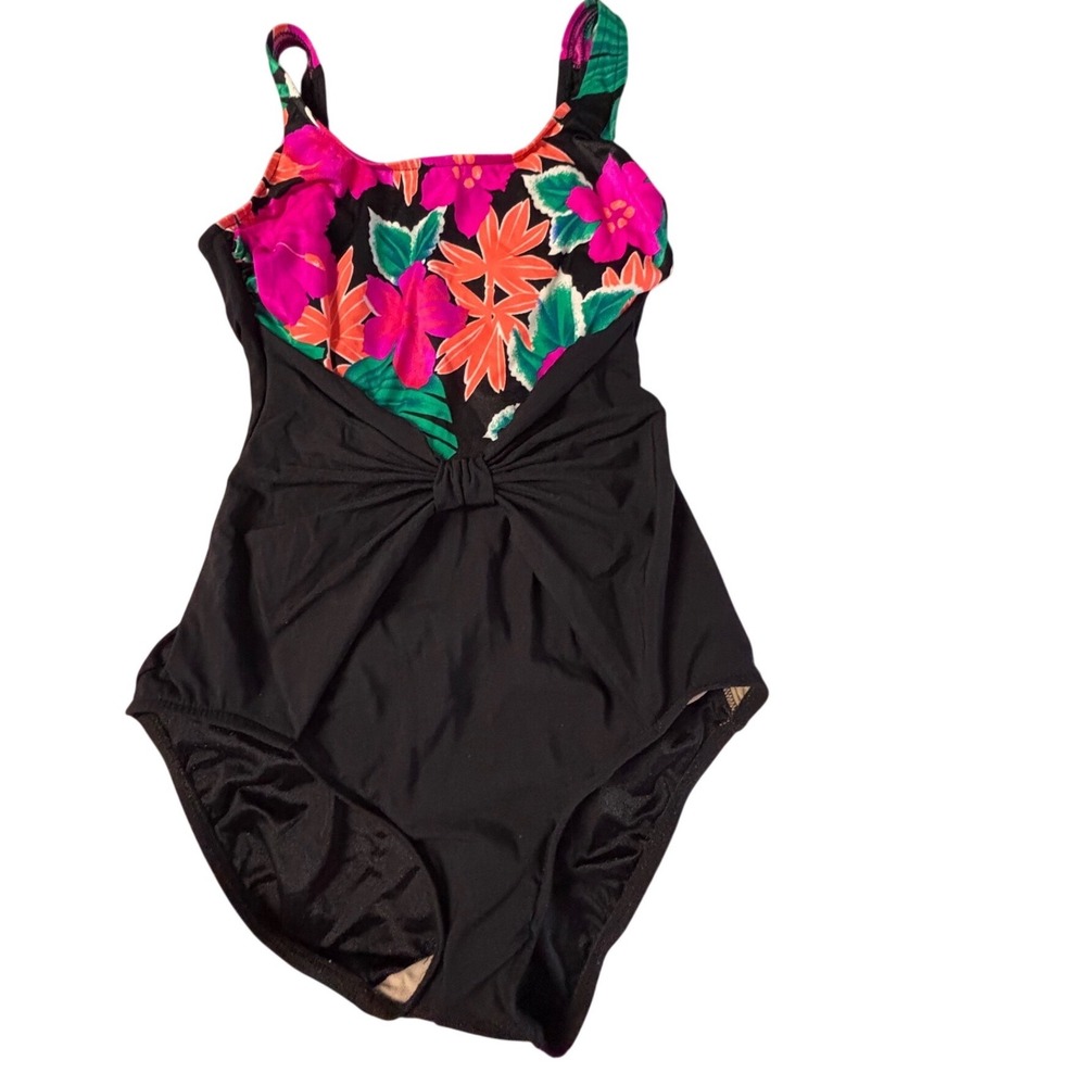 Vintage Robby Len Tropical Floral Twist Front One Piece Swimsuit Black 14T ILGWU